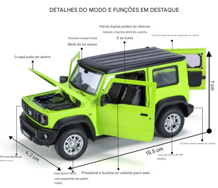 Suzuki Jimny 1:24 - Miniatura de Metal Die-cast com Luzes - Perfeito para Colecionadores e Crianças (4+ anos)